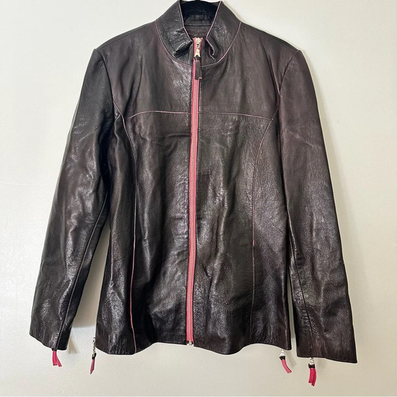 Lucien Piccard Real Genuine Leather Jacket Black Pink Vintage Size Small - Picture 1 of 15